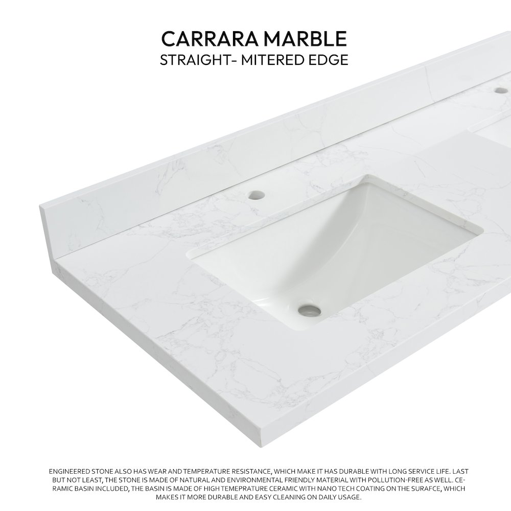 Composite Stone Vanity Top in Grain White with White Rectangular Double Sink. Picture 2