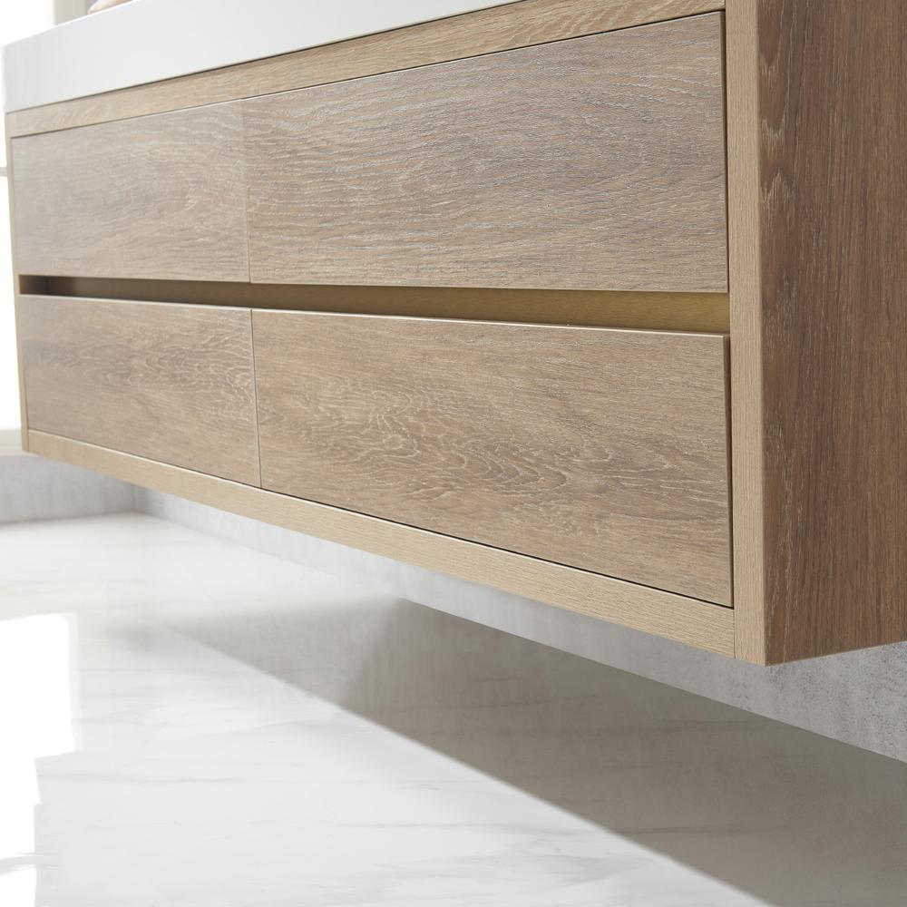 Double Sink Wall-Mount Bath Vanity Composite Integral Sink Top and Mirror. Picture 9