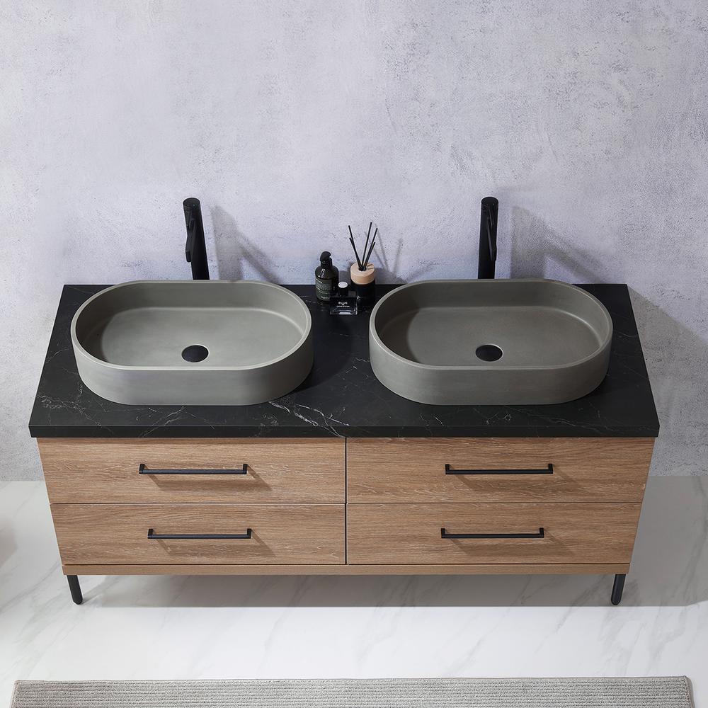 Double Sink Bath Vanity with Black Sintered Stone Top with Concrete Sink. Picture 7