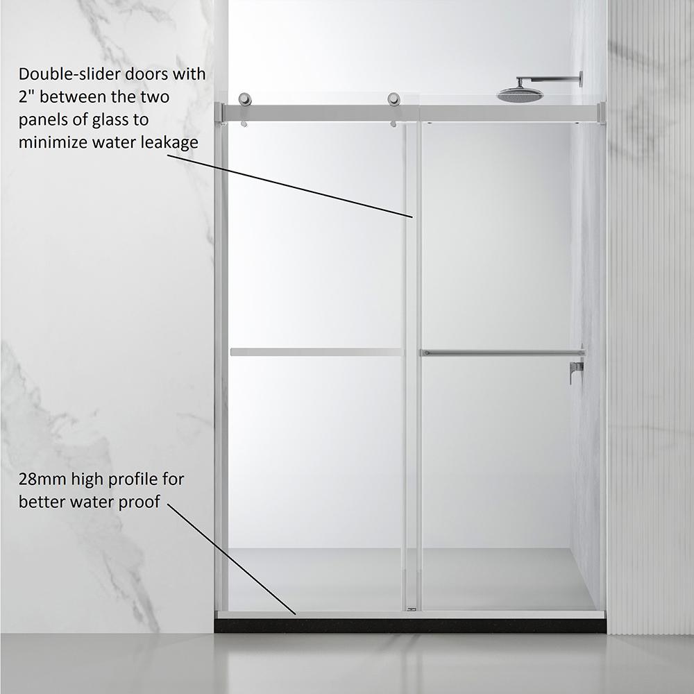 Spezia 60" W x 76" H Double Sliding Frameless Shower Door in Brushed Nickel. Picture 11
