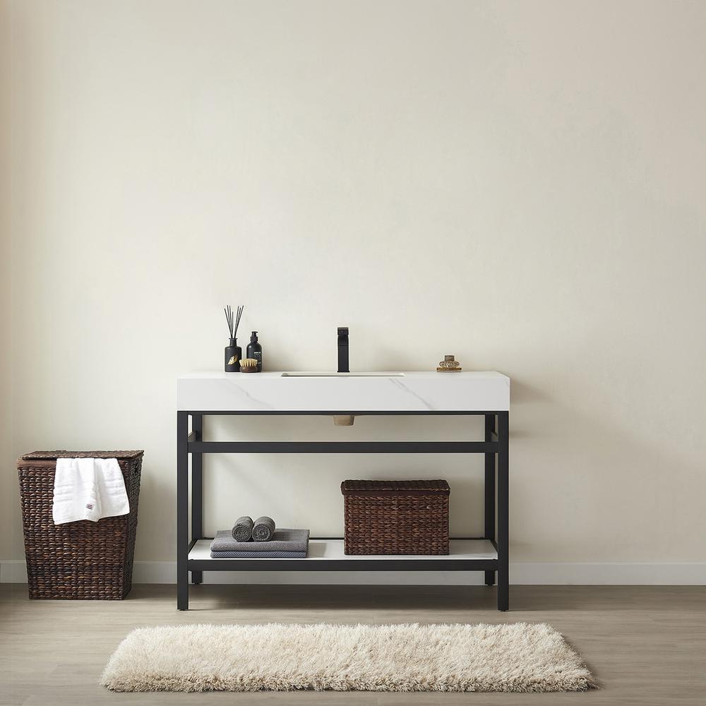 Single Sink Bath Vanity Metal Support with White Sintered Stone Top. Picture 6