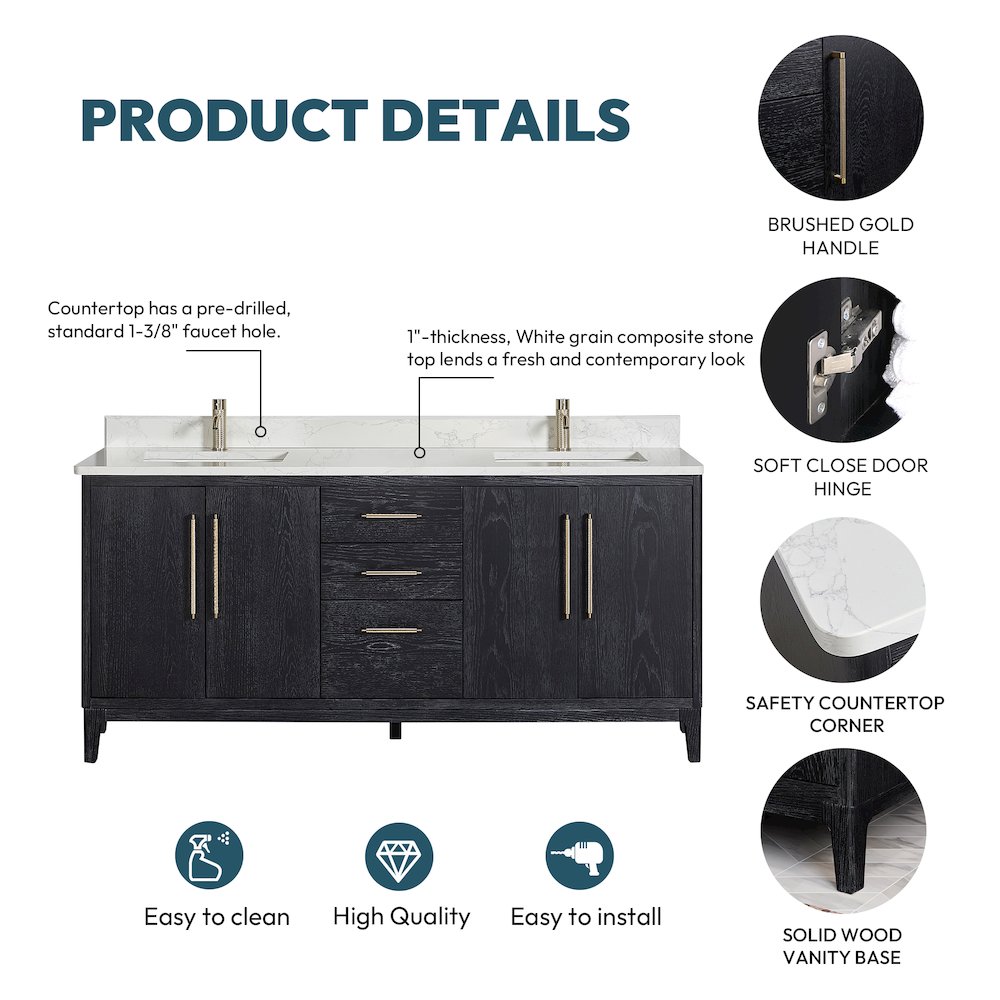 Gara 72" Free-standing Double Bath Vanity in Fir Wood Black. Picture 19