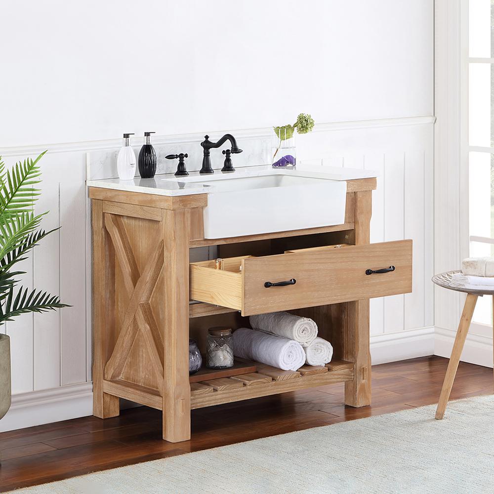 Single Bath Vanity with Composite Stone Top, White Farmhouse Basin. Picture 6