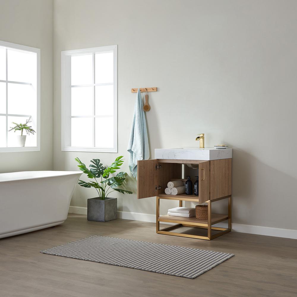 24" Single Vanity with White Grain Stone Countertop Without Mirror. Picture 11