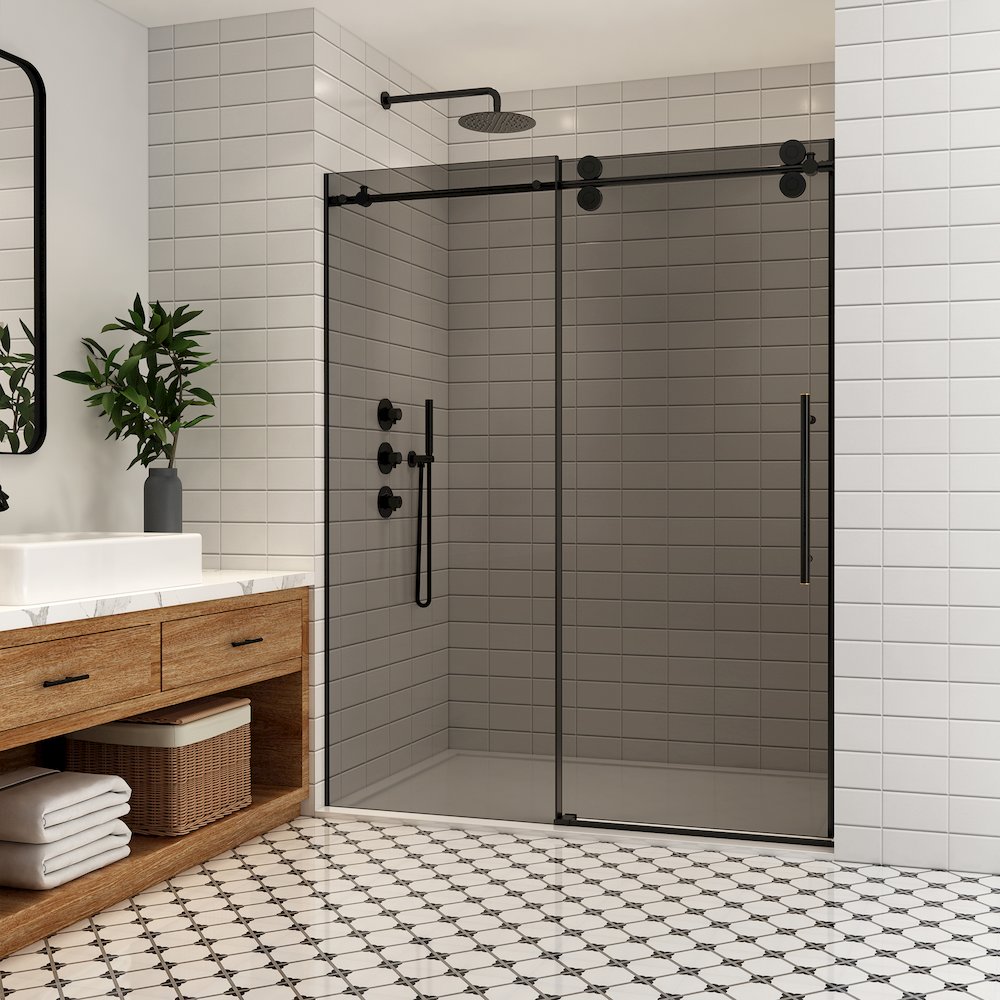 Echarri 64" W x 78" H Single Sliding Frameless Shower Door in Matte Black. Picture 2