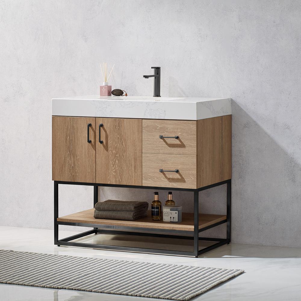 36B" Single Vanity with White Grain Stone Countertop Without Mirror. Picture 3