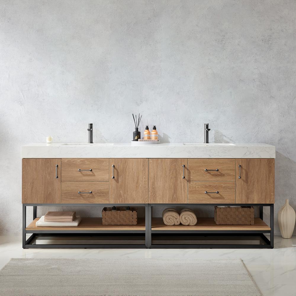 84B" Double Sink Bath Vanity with White Grain Stone Countertop. Picture 3