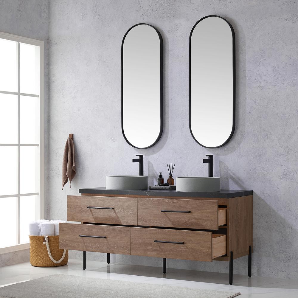 Double Sink Bath Vanity with Sintered Stone Top with Concrete Sink and Mirror. Picture 6