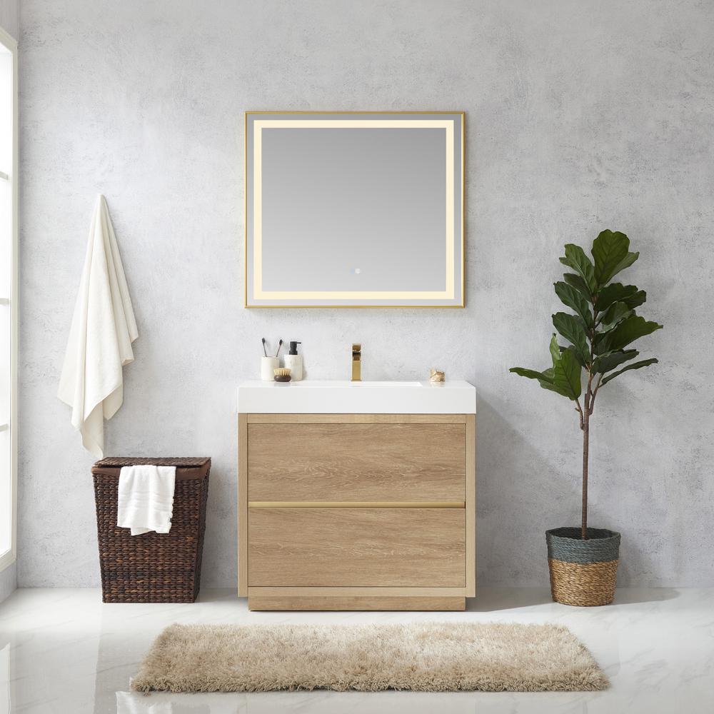 Single Sink Bath Vanity with Composite Integral Square Sink Top and Mirror. Picture 3