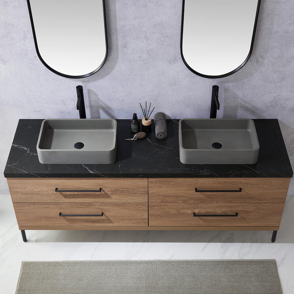 Double Sink Bath Vanity with Sintered Stone Top with Concrete Sink and Mirror. Picture 6
