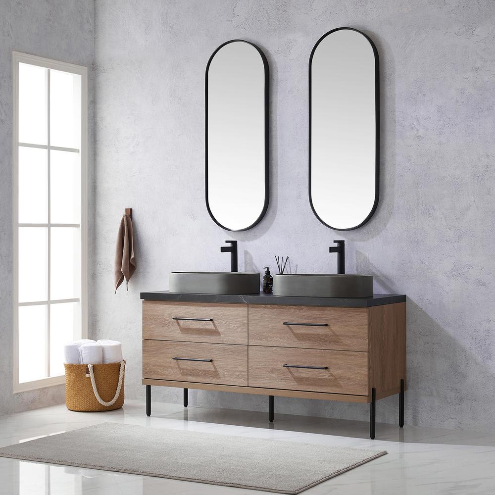 Double Sink Bath Vanity with Sintered Stone Top with Concrete Sink and Mirror. Picture 5