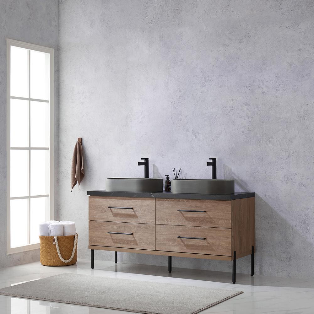 Double Sink Bath Vanity with Black Sintered Stone Top with Concrete Sink. Picture 14