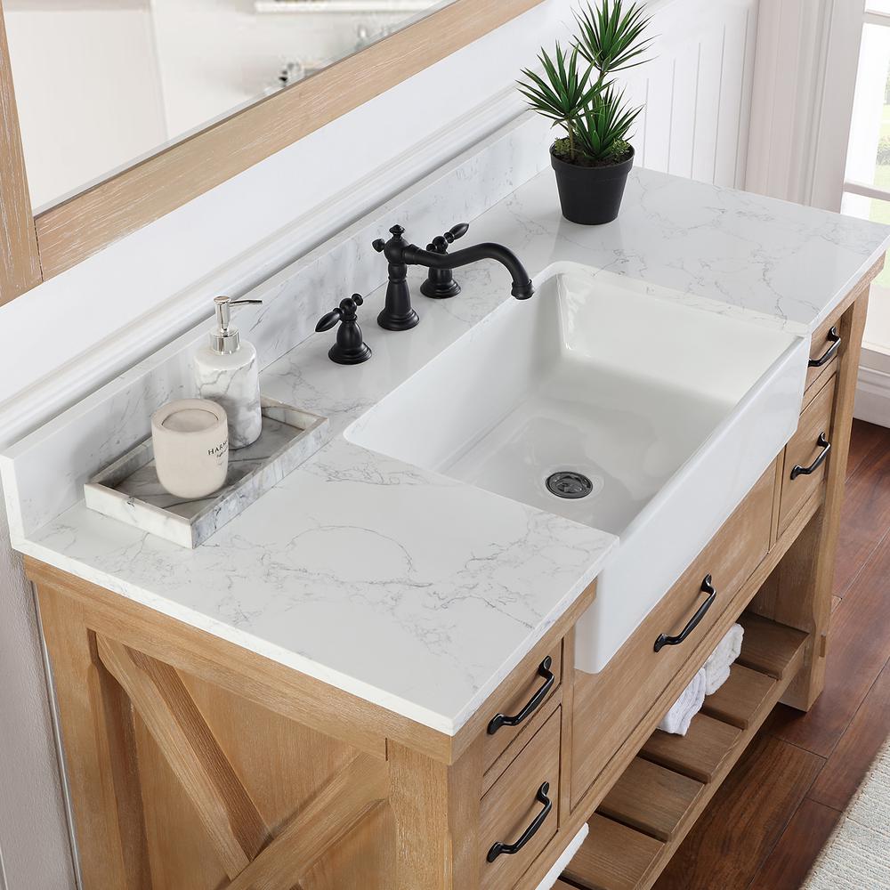 Single Bath Vanity with Composite Stone Top, White Farmhouse Basin and Mirror. Picture 8