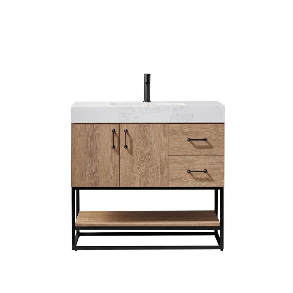 36B" Single Vanity with White Grain Stone Countertop Without Mirror. Picture 1