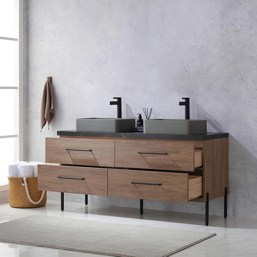 Double Sink Bath Vanity with Black Sintered Stone Top with Concrete Sink. Picture 9