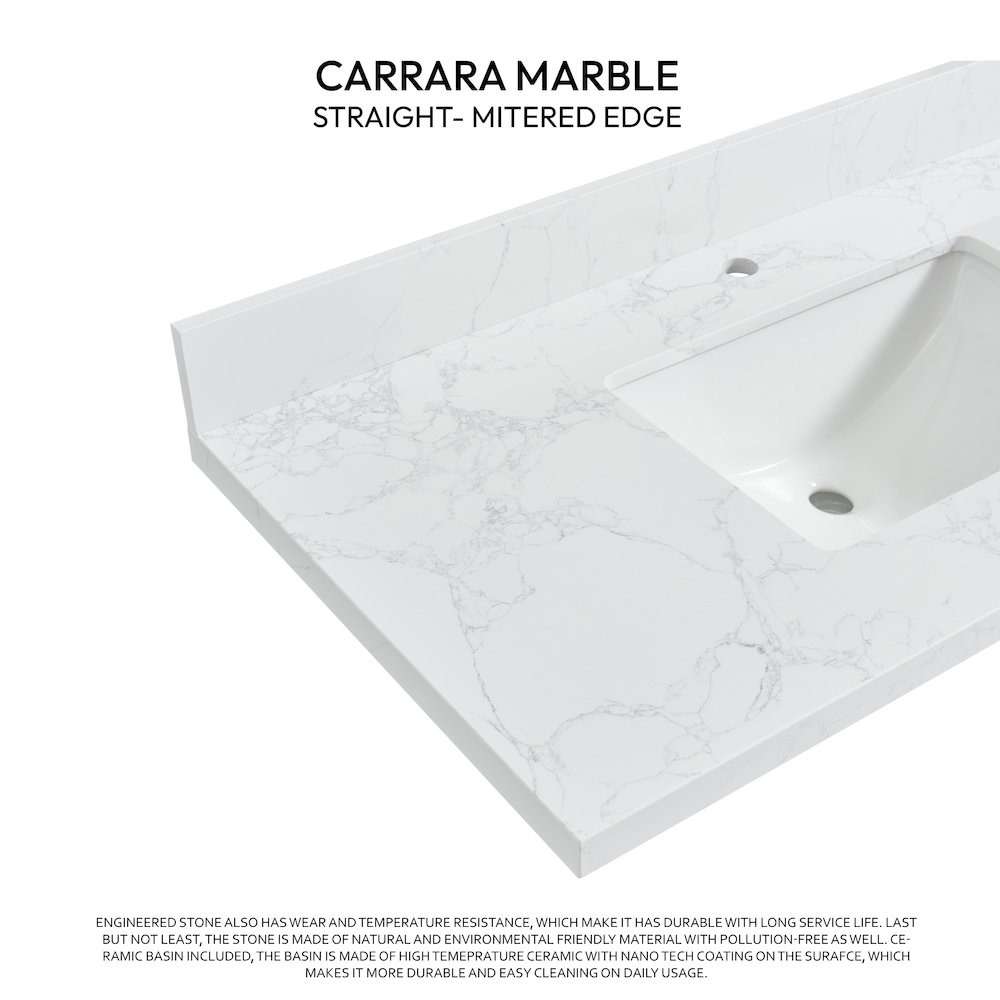 Composite Stone Vanity Top in Grain White with White Rectangular Single Sink. Picture 2