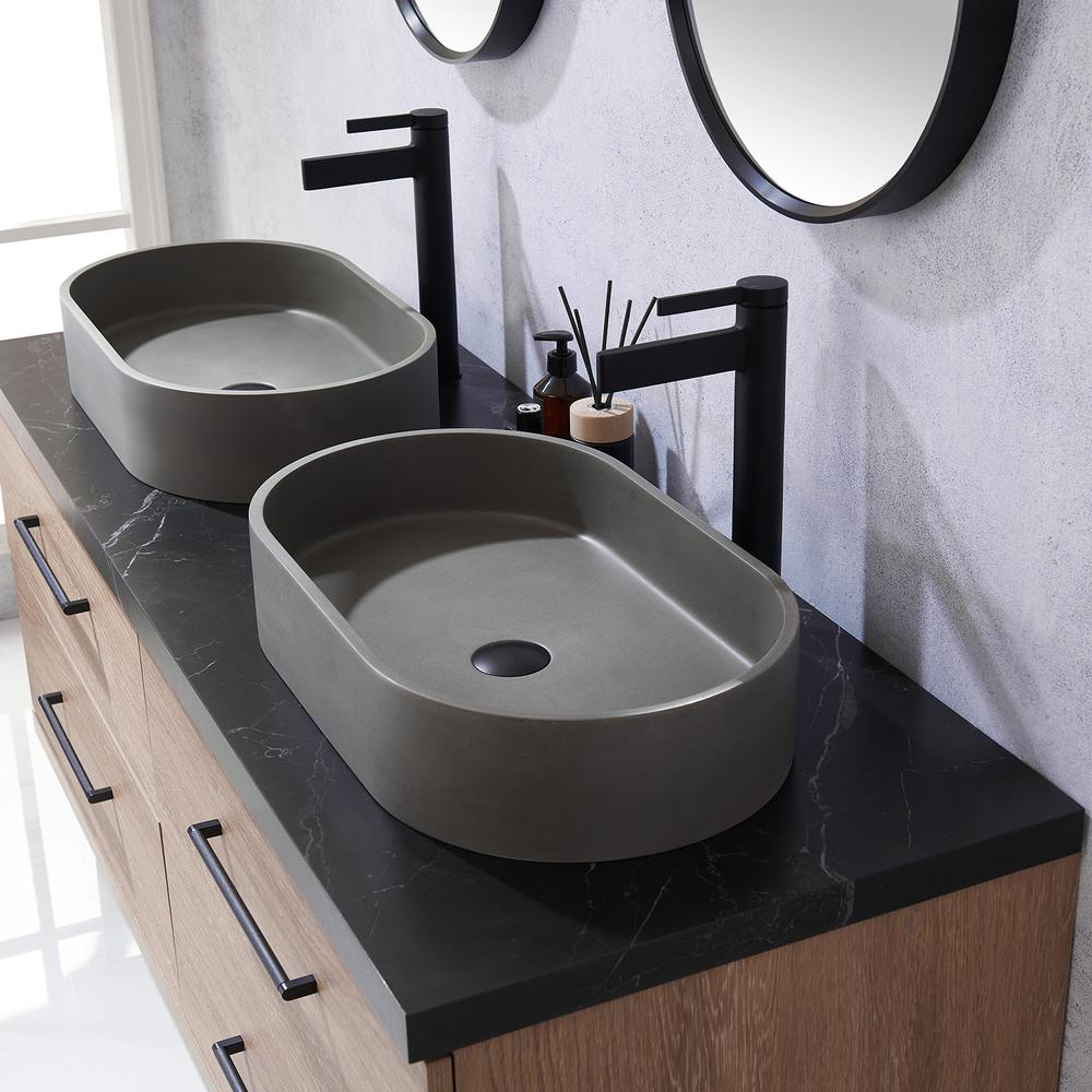 Double Sink Bath Vanity with Sintered Stone Top with Concrete Sink and Mirror. Picture 8
