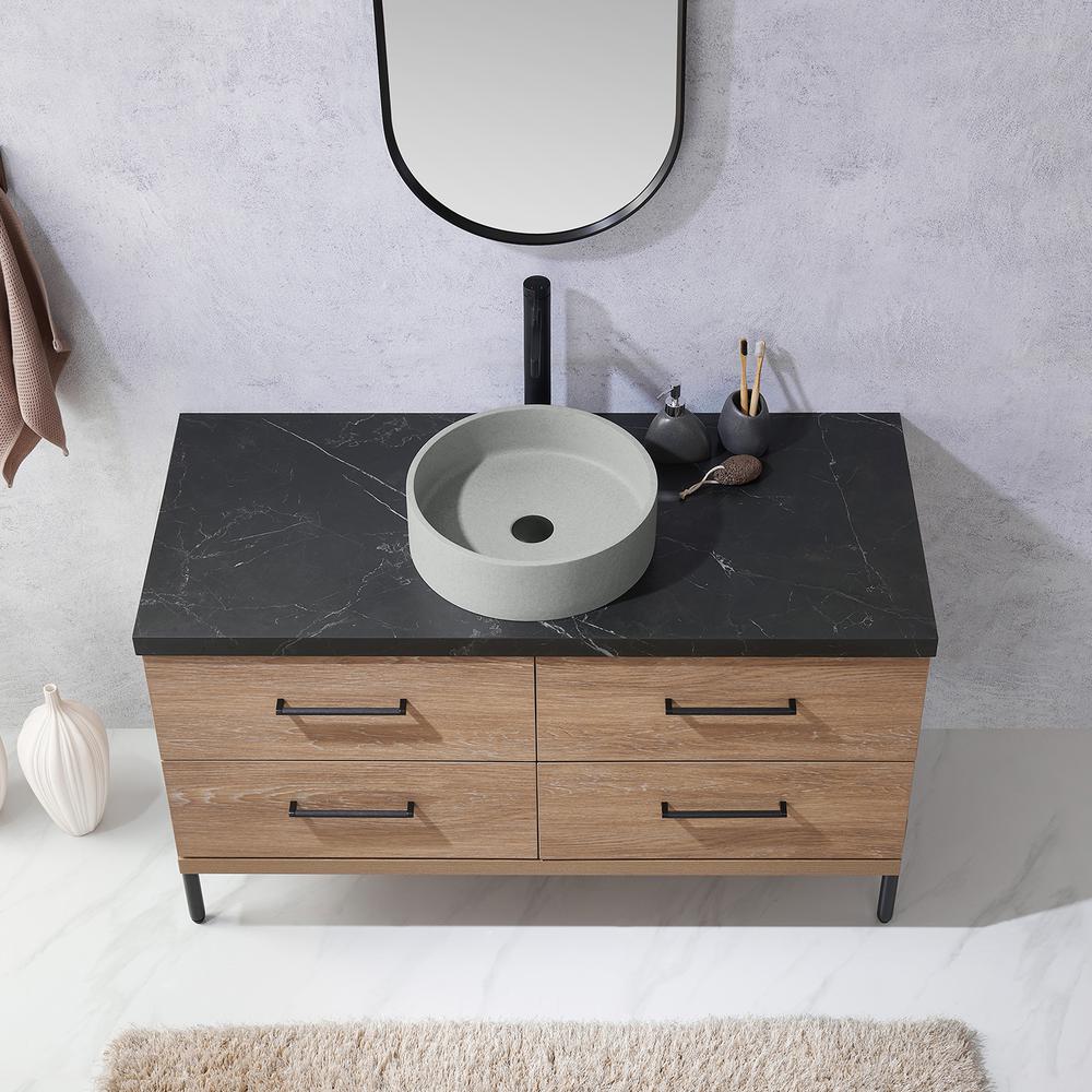 Single Sink Bath Vanity with Sintered Stone Top with Concrete Sink and Mirror. Picture 7
