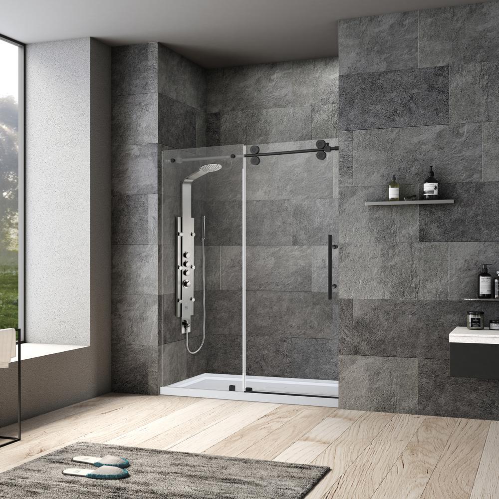 Villena 68" W x 78" H Single Sliding Frameless Shower Door in Matte Black. Picture 14