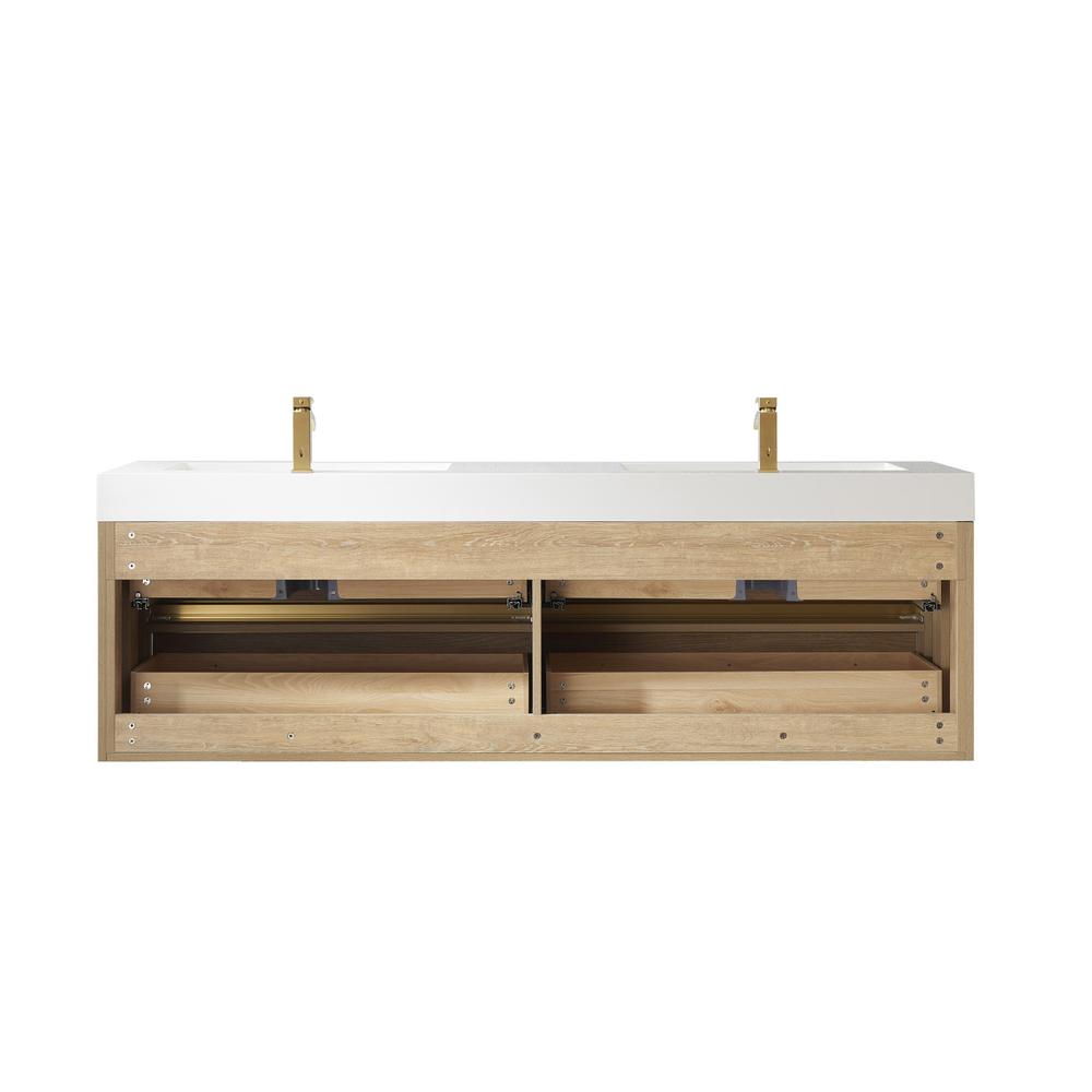 Double Sink Wall-Mount Bath Vanity with Composite Integral Square Sink Top. Picture 2