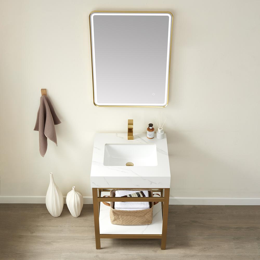 Single Sink Bath Vanity Metal Support with White Sintered Stone Top and Mirror. Picture 5