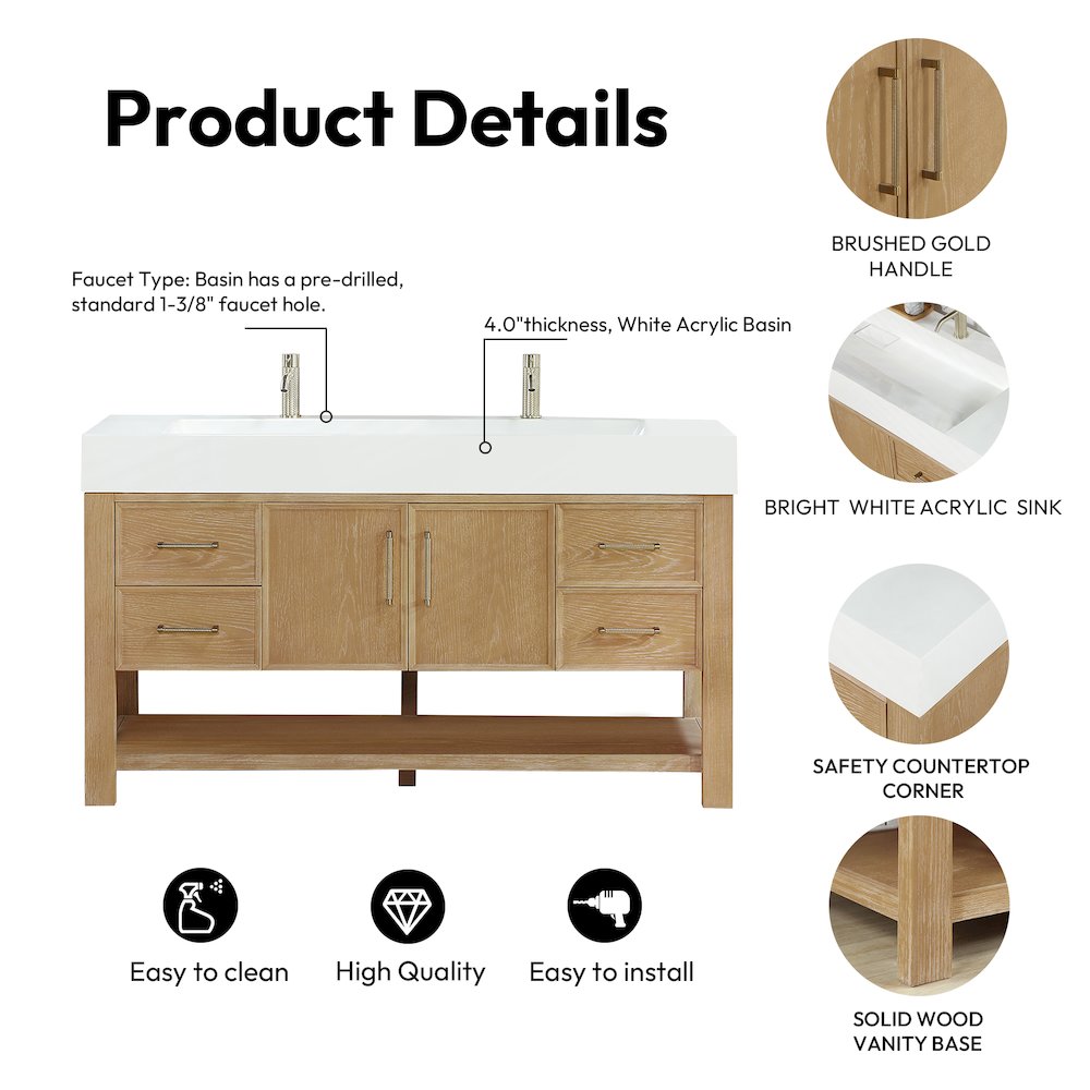 Vera 60" Free-standing Single Bath Vanity in Washed Ash Grey. Picture 19