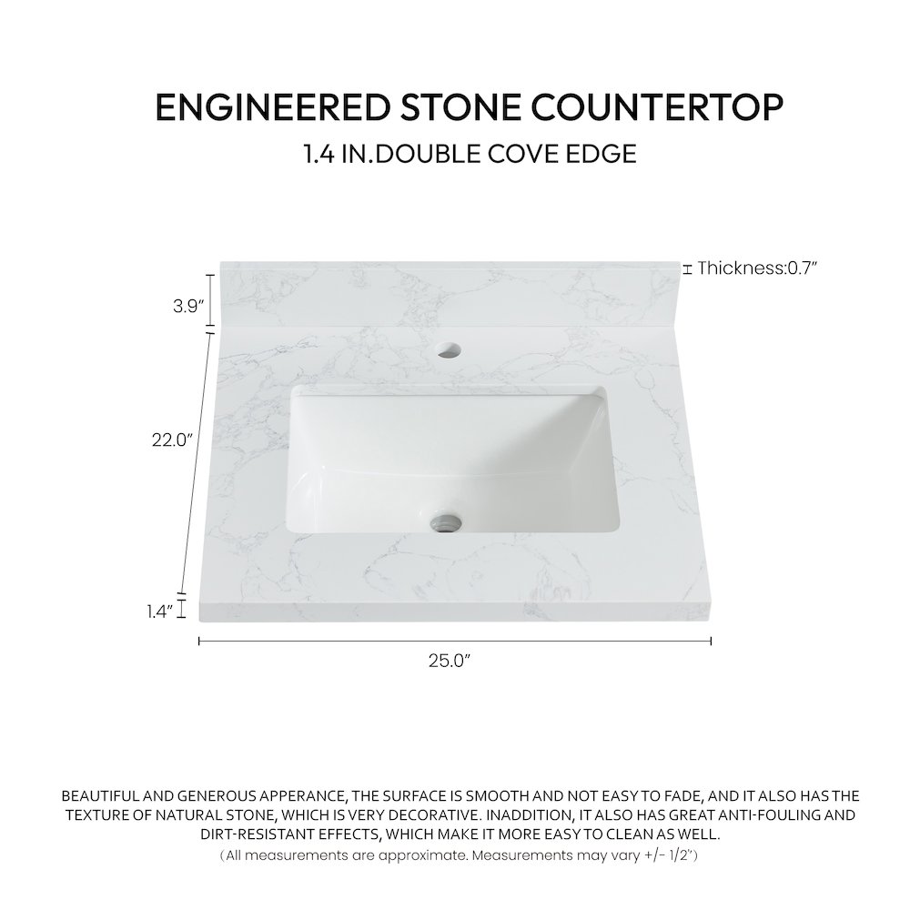 Composite Stone Vanity Top in Grain White with White Rectangular Single Sink. Picture 3