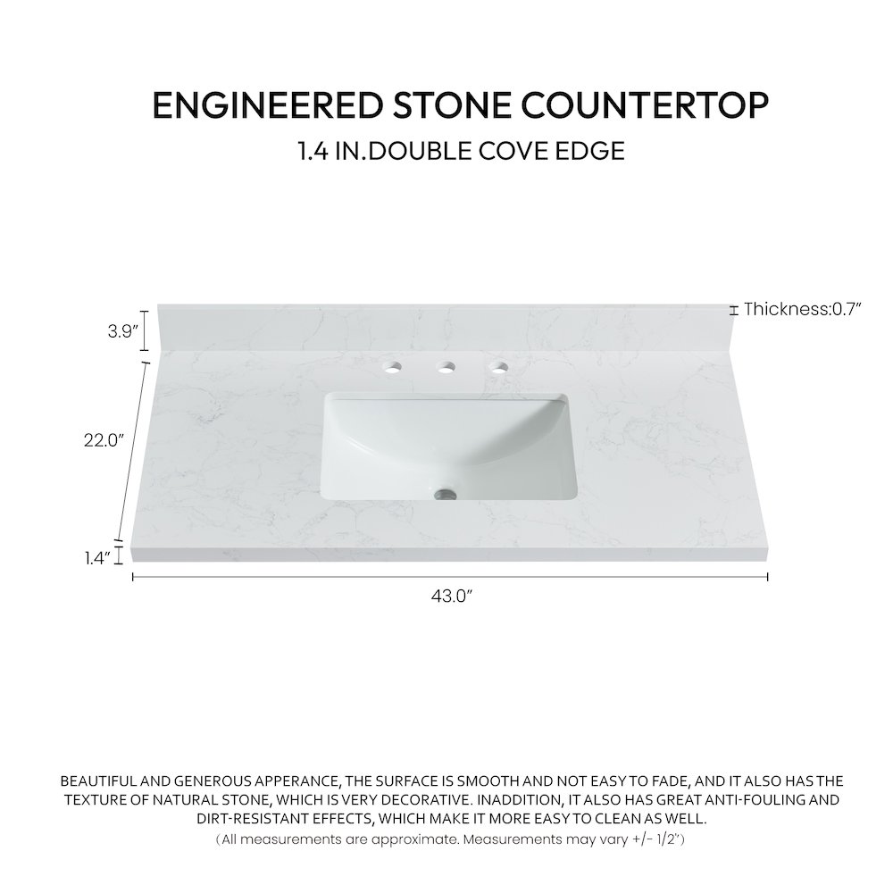 Composite Stone Vanity Top in Grain White with White Rectangular Single Sink. Picture 4