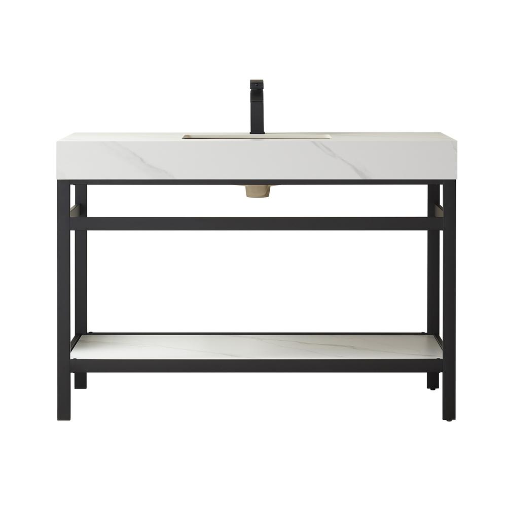 Single Sink Bath Vanity Metal Support with White Sintered Stone Top. Picture 2