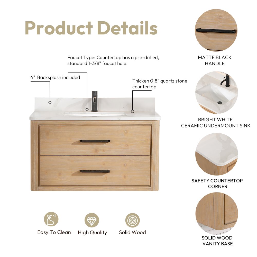 Cristo 36" Floating Single Bath Vanity in Fir Wood Brown. Picture 16