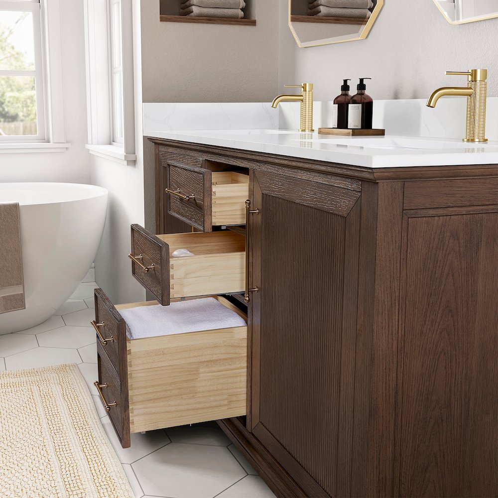 Tokyo 60M" Freestanding Double Bath Vanity in Aged Dark Brown Oak. Picture 11