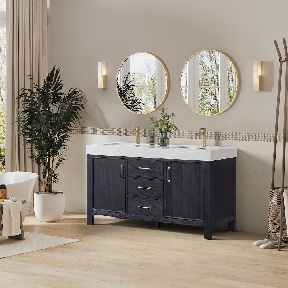 León 60in. Free-standing Double Bathroom Vanity in Fir Wood Black. Picture 4