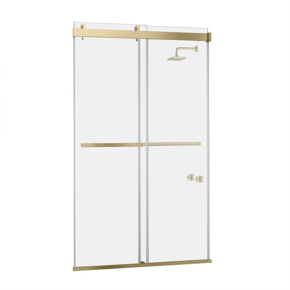 Spezia 48" W x 76" H Double Sliding Frameless Shower Door in Brushed Gold. Picture 1