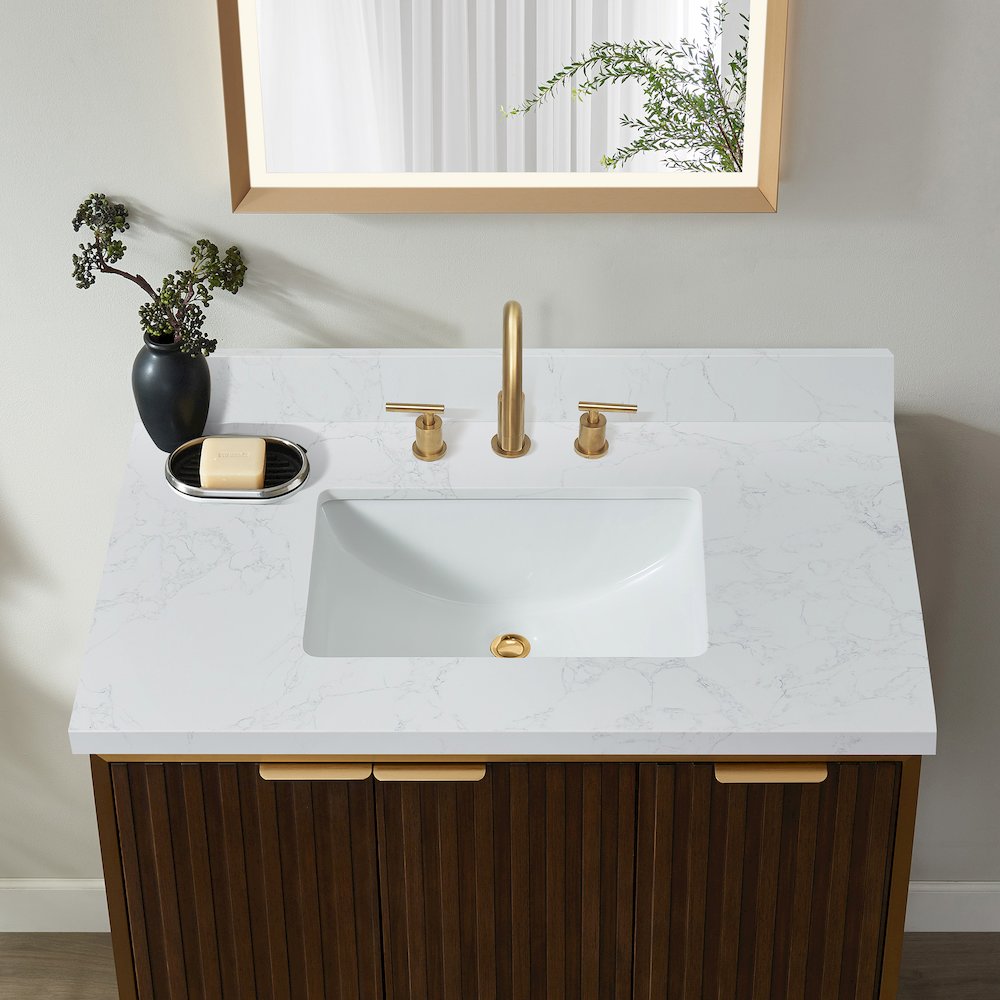 Composite Stone Vanity Top in Grain White with White Rectangular Single Sink. Picture 8