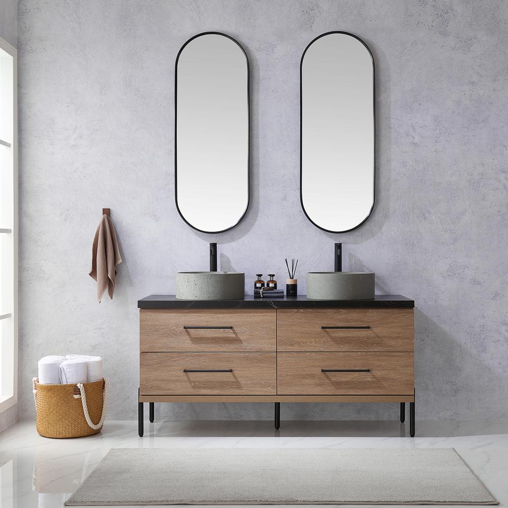 Double Sink Bath Vanity with Sintered Stone Top with Concrete Sink and Mirror. Picture 4
