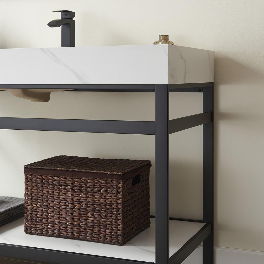Single Sink Bath Vanity Metal Support with White Sintered Stone Top. Picture 7