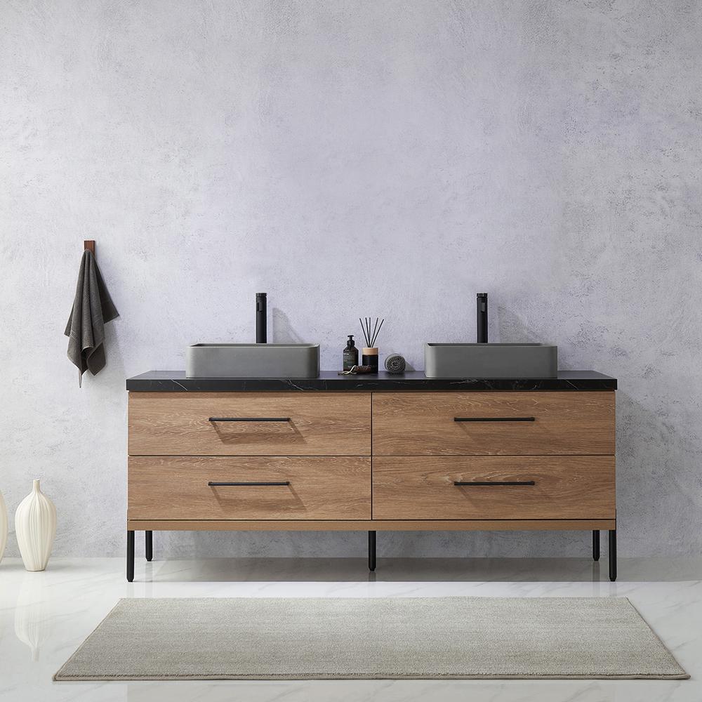 Double Sink Bath Vanity with Black Sintered Stone Top with Concrete Sink. Picture 4