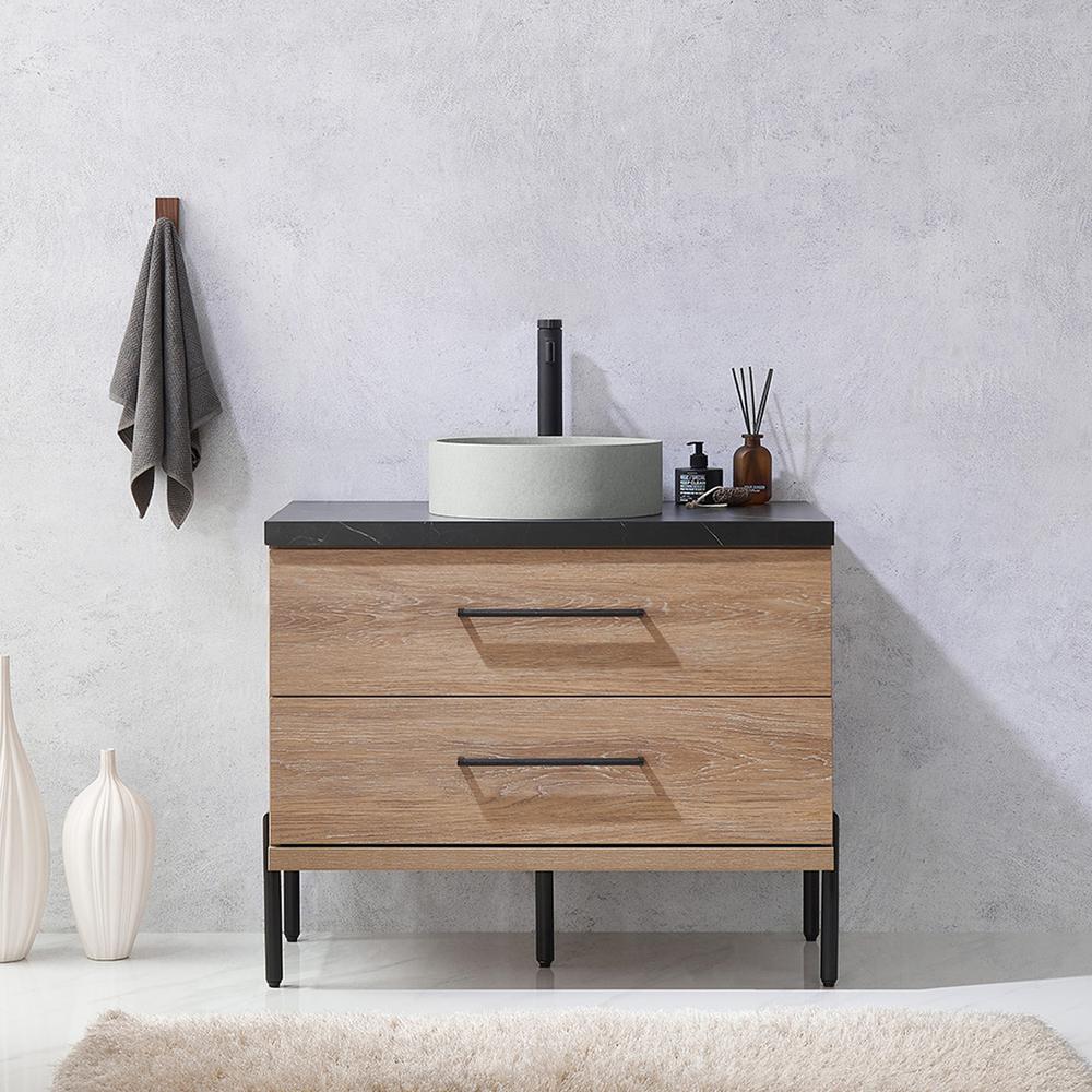 Single Sink Bath Vanity with Black Sintered Stone Top with Concrete Sink. Picture 4