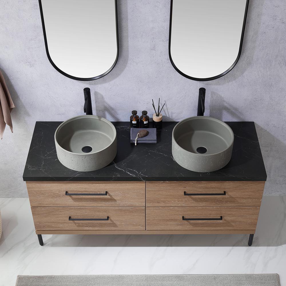 Double Sink Bath Vanity with Sintered Stone Top with Concrete Sink and Mirror. Picture 10