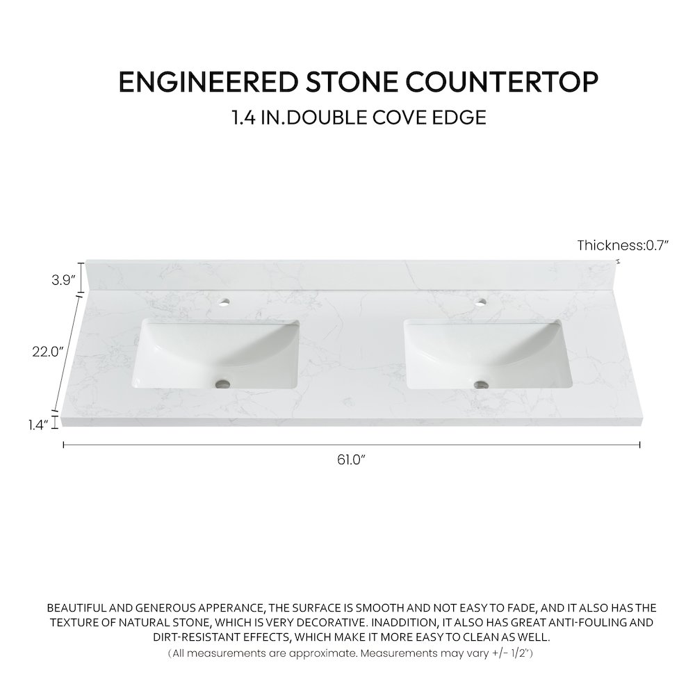 Composite Stone Vanity Top in Grain White with White Rectangular Double Sink. Picture 3