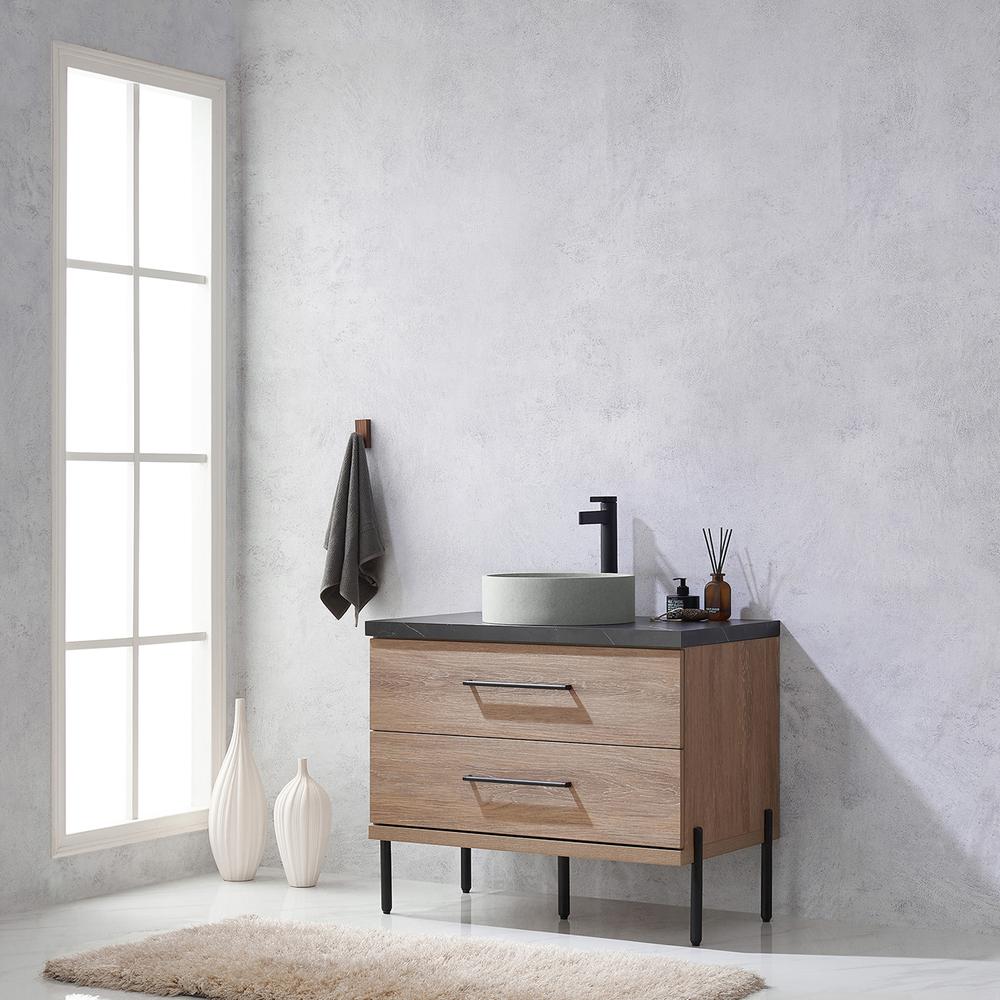 Single Sink Bath Vanity with Black Sintered Stone Top with Concrete Sink. Picture 15