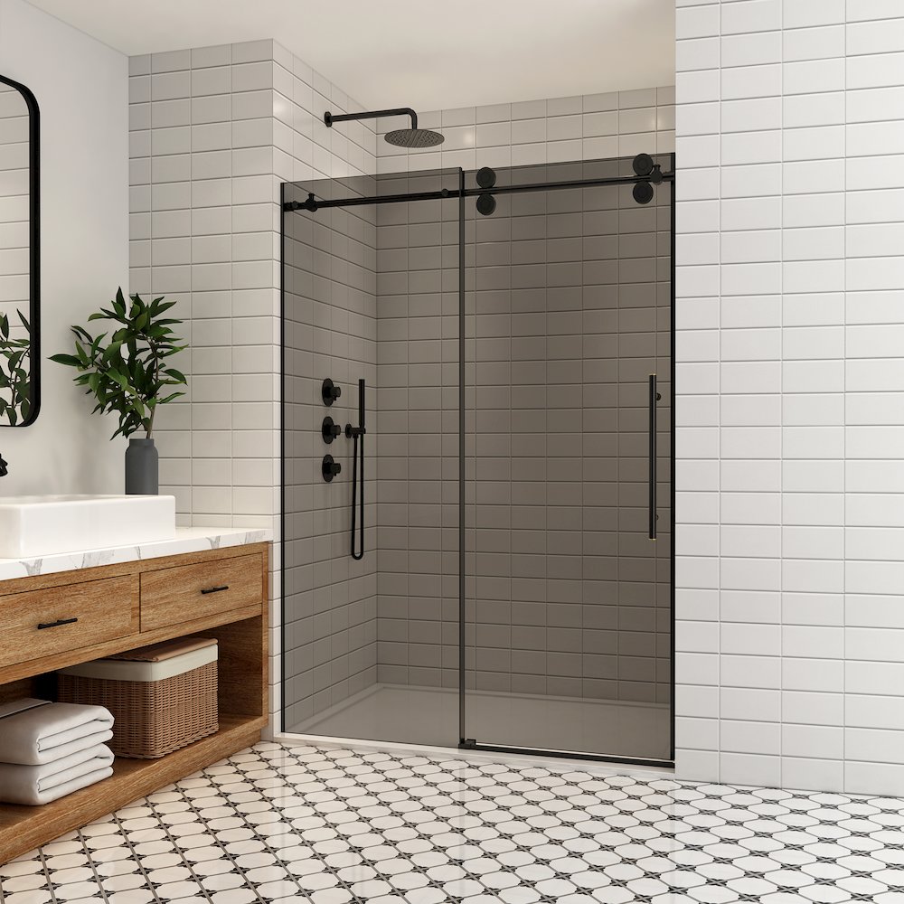 Echarri 48" W x 78" H Single Sliding Frameless Shower Door in Matte Black. Picture 2