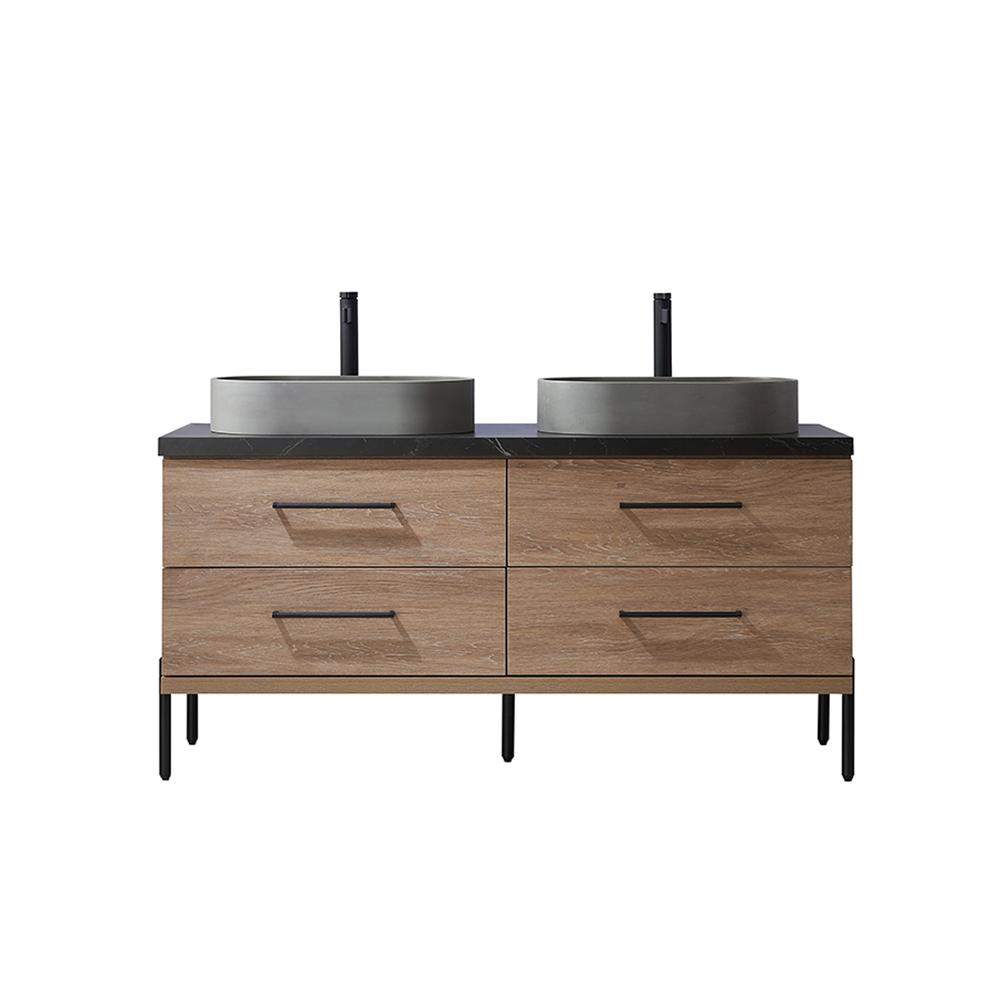 Double Sink Bath Vanity with Black Sintered Stone Top with Concrete Sink. Picture 1