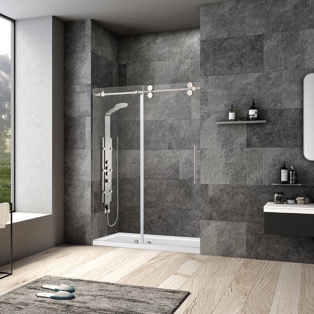 Villena 52" W x 78" H Single Sliding Frameless Shower Door in Brushed Nickel. Picture 12