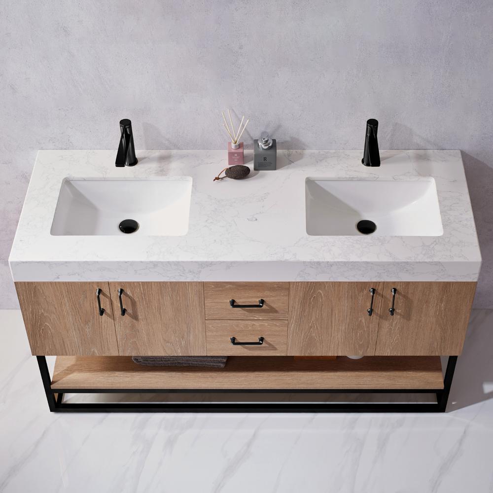 60B" Double Vanity with White Grain Stone Countertop Without Mirror. Picture 8