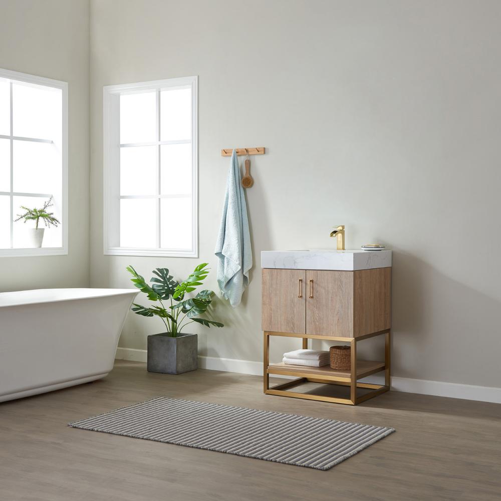 24" Single Vanity with White Grain Stone Countertop Without Mirror. Picture 12