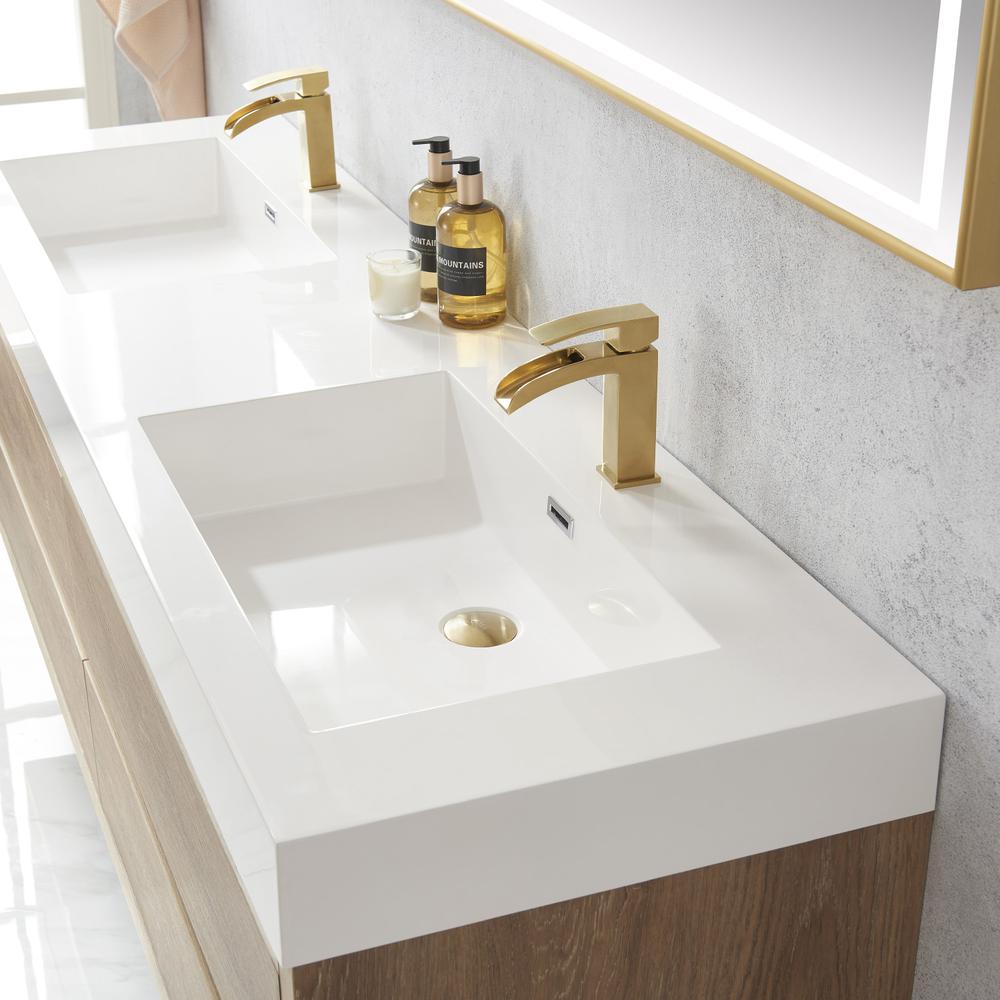 Double Sink Wall-Mount Bath Vanity Composite Integral Sink Top and Mirror. Picture 7