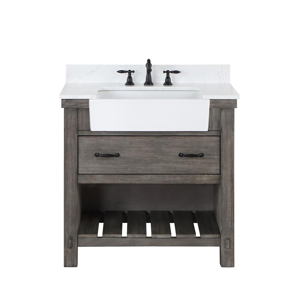 Single Bath Vanity with Composite Stone Top, White Farmhouse Basin. Picture 1