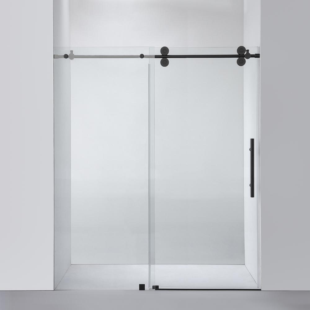 Villena 68" W x 78" H Single Sliding Frameless Shower Door in Matte Black. Picture 1