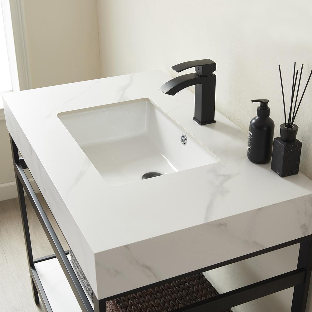 Single Sink Bath Vanity Metal Support with White Sintered Stone Top. Picture 4